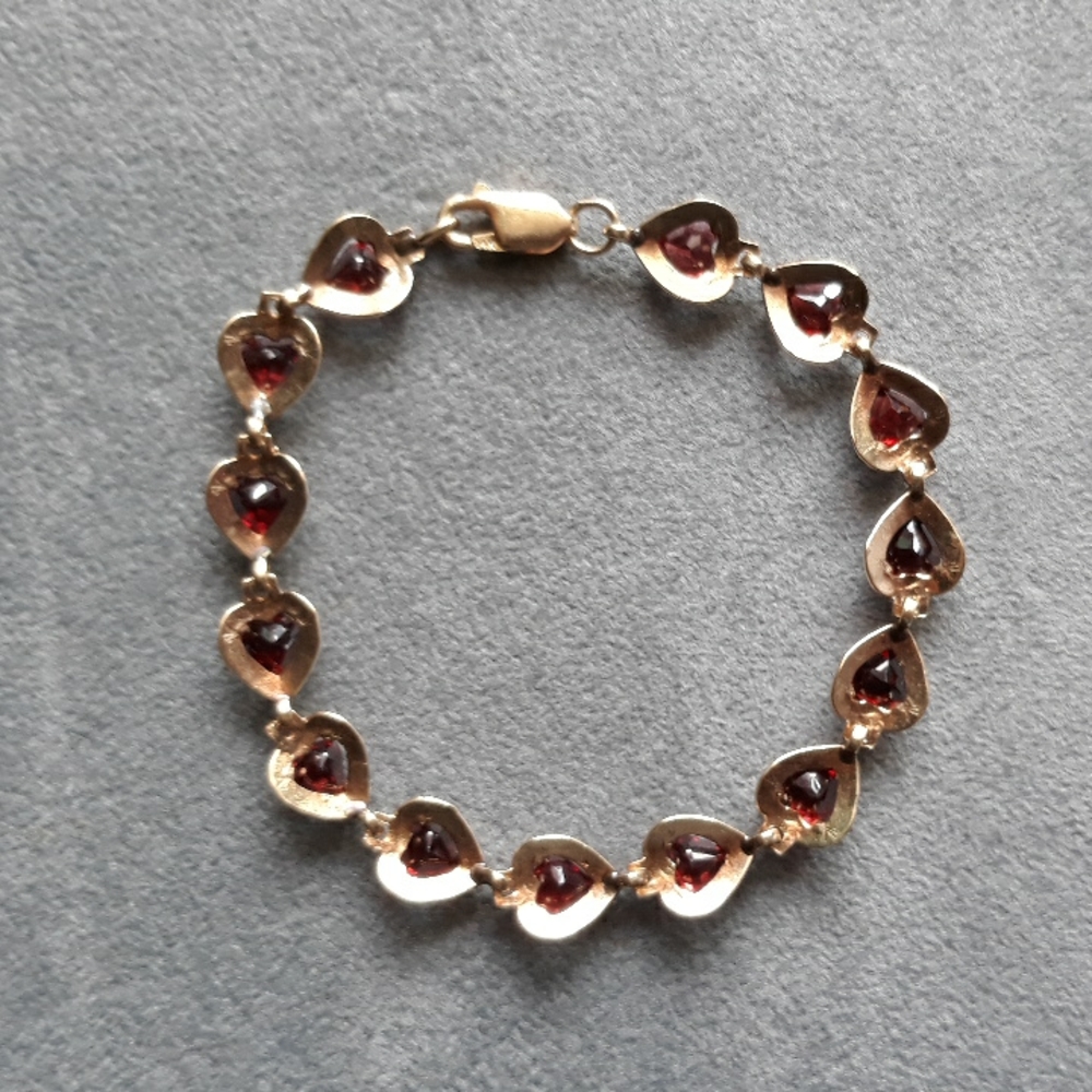 ❤💎14k Gold Eternity Heart Link Bracelet W/14 Natural Garnet Heart Stones 7 1/4" - Picture 3 of 6
